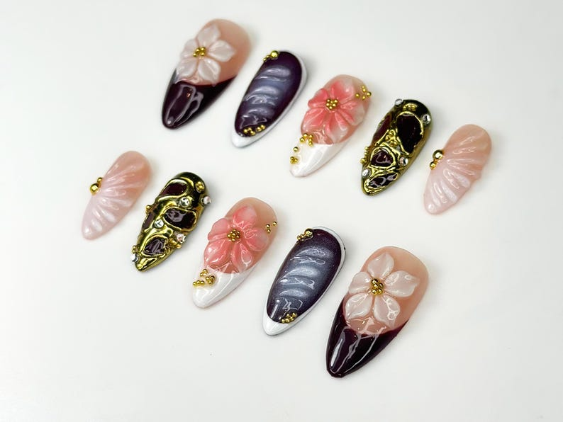 Burgundy Fall Press On Nails | 3D Pink & White Floral Nail Art | Handmade Statement Nail Design | Elegant Glam Press Ons | HC1086HK