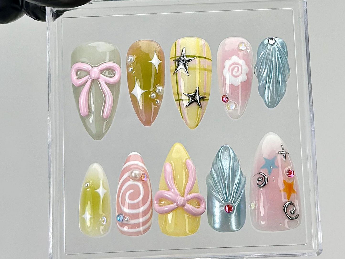 Pastel Star Bow Press On Nails | 3D Swirl & Ribbon Fake Nails | Celestial Pastel Nail Art | Kawaii Pastel Press Ons | Gift for Her | HB877YK