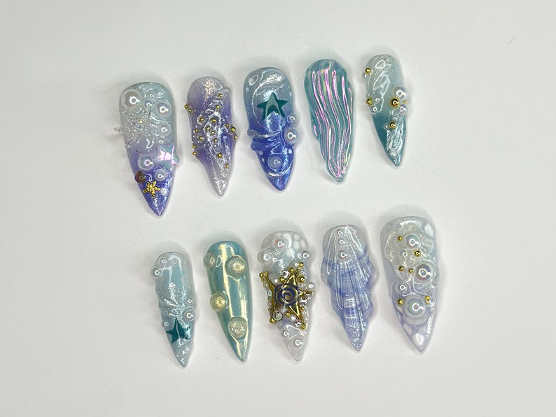 3D Tropical Beach Long Stiletto Nails | Ocean-Themed with Seaweed, Seashells, and Starfish | Handmade Press On Nails | JB328SL