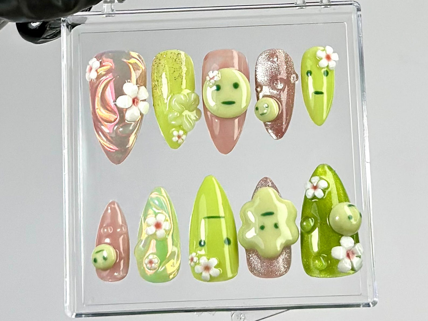 Kawaii Green Press On Nails by Hudi Nails | Green & Pink 3D Nail Art | Whimsical 3D Fake Nails | Kawaii Nails with Flowers | Gifts | HC790YK