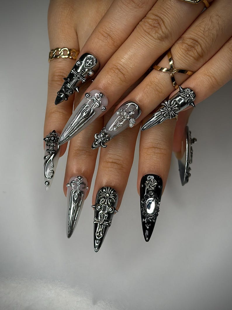 Gothic Silver Sword Press On Nails | 3D Cross & Dagger Nail Art | Handmade Dark Fantasy Nails | Medieval Armor Inspired Press Ons | JB159HK