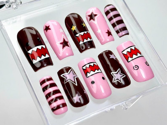 Kawaii Pink Monster Press On Nails | Domo Character Nail Art | Pink & Brown Cartoon Nails | Cute Star Stripes Nails | Handmade Nails|HC970DC
