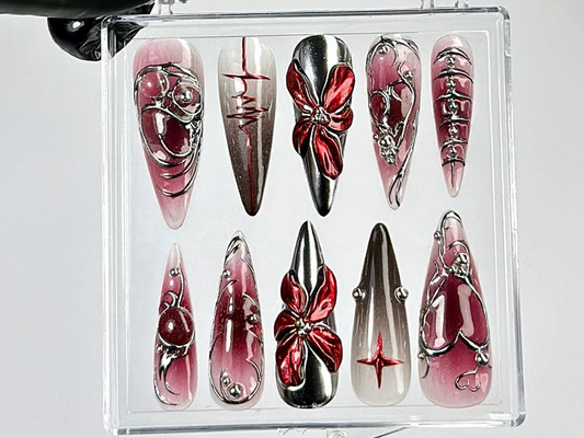 Gothic Butterfly Press On Nails | Vampire Aesthetic Fake Nails Deep Red & Black Ombre Nail Art |Y2K, Goth, Gothic Nails |Dark Nails|HB788YC