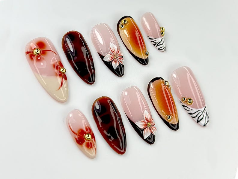 Brown Tortoise Shell Press On Nails | Zebra, Tiger Tip Nail Art | Safari Inspired Nail Art | Zebra Animal Kawaii Nails |Luxury Nails|JB797YK