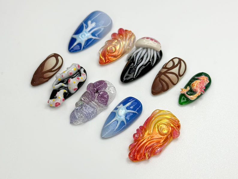 Deep Sea Press On Nails | Handmade Sea Life & Galaxy-Inspired Nail Art | 3D Jellyfish, Neurons, Ocean Fantasy Set | Handmade Nails | JB789HC