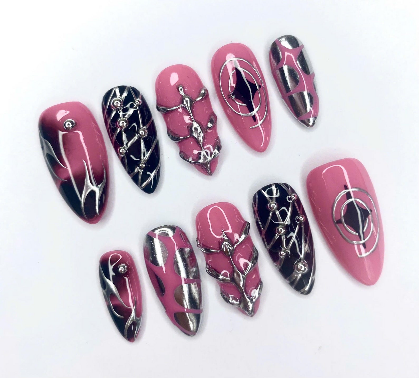 Y2K Cyber Press On Nails | Chrome Silver Pink Nails | Handcrafted Armor Nails | High-Fashion Nail Art | Futuristic Nail Set