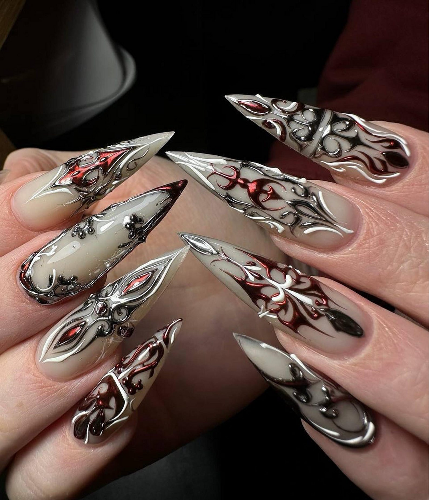 Red Silver Gothic Press On Nails | 3D Gothic Warrior Nail Art | Handmade Red Silver Metallic Nails | Dark Fantasy Armor Tips | JB803HK