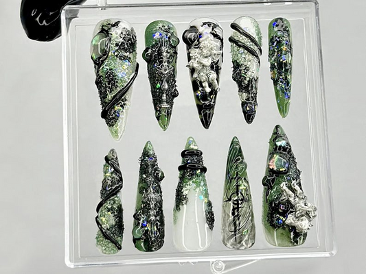 Emerald Witch 3D Press On Nails | Spooky Witch Nail Art | Creepy Cute Press Ons | Black Green Horror Fake nails | 3D Creepy Nails | HB945YC