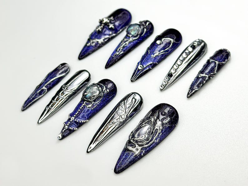 Chrome Purple Press On Nails | Midnight Cross Galaxy Nails | Gothic Celestial Nail Art | 3D Moonstone Nail Design | Mystical Nails | JC862H