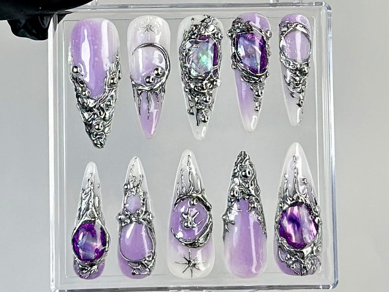 Gothic Purple Press On Nails | Dark Glam Fake Nails | Silver and Purple Nail Art | 3D Gothic Purple Fake Nails | Gothic Nails | HC737YC