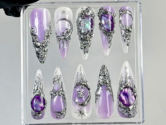 Gothic Purple Press On Nails | Dark Glam Fake Nails | Silver and Purple Nail Art | 3D Gothic Purple Fake Nails | Gothic Nails | HC737YC