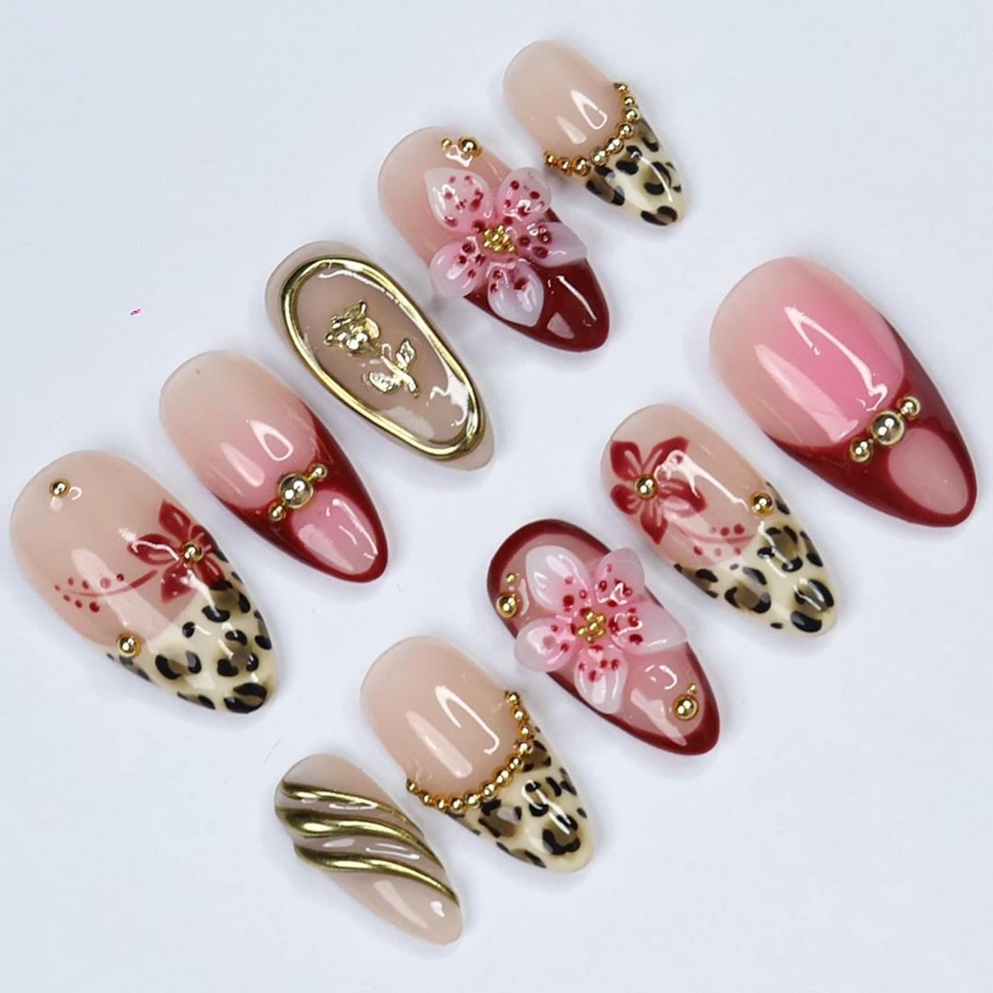 Chic Animal Print Almond Press On Nail with Gold Accents, 3D Red Floral Details, Handmade Nails for a Bold & Elegant Look or Gift for Her