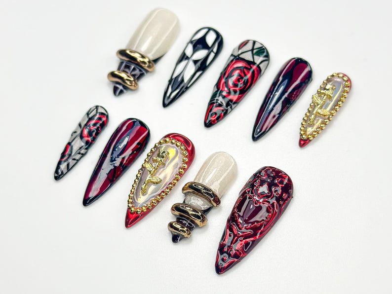 Gothic Rose Heart Press On Nails | 3D Black Red Gold Nails | Handmade Gothic Vampire Glam Nail Set | Black Stiletto Press Ons | JB775HC