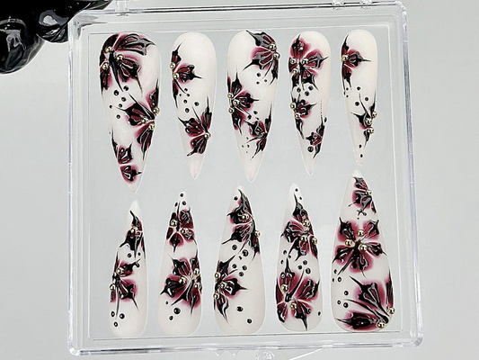 Black Red Flower Press On Nails |Gothic Floral Fantasy Nail Art |Handmade Dark Nails |HB888YC