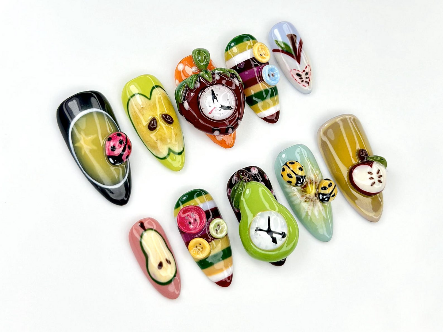 Fruity Fun Press On Nails | 3D Fruit Bug Nail Art | Clock Design Cute Kawaii Nails | Colorful Handmade Fake Nails | Summer Nails | JA802YC