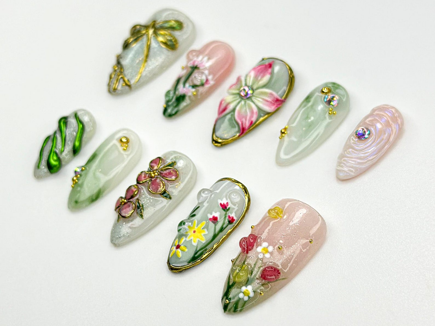 Elegant Flower Garden Press On Nails | 3D Wildflower & Dragonfly Nails | Nature-Inspired Floral Nail Art | Elegant Spring Press Ons |JC816HC
