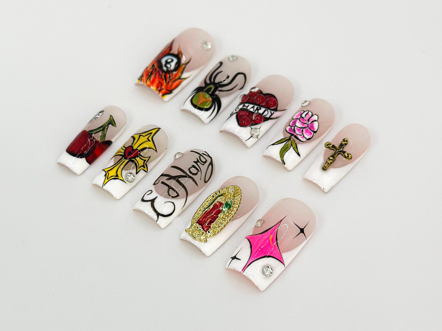 Old School Tattoo Press On Nails | Traditional Tattoo Nail Art | Rock And Roll Nails | Flame & Spider Design | Gothic Nail Set| JB674HK