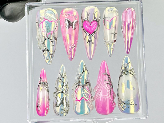 Chrome Pink Heart Press On Nails By DoryNails | Y2K Silver Mirror Design Fake Nails | Iridescent Butterfly Nail Art | Girly Nails| HC817Y