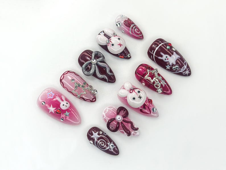 Merry Bunny Christmas Press On Nails | Red And Pink Festive Nail Art | 3D Bunny & Bow Charms | Starry Holiday Glam Nails | HB1177BC