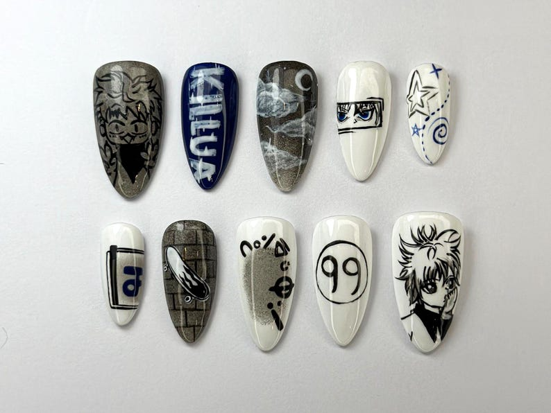 Killua Zoldyck Anime Press On Nails | Hunter x Hunter Nail Art | Unique Killua-Inspired Nail Art | Manga Black & White Nail Set | JB708HC