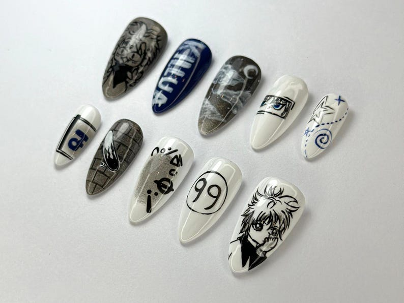 Killua Zoldyck Anime Press On Nails | Hunter x Hunter Nail Art | Unique Killua-Inspired Nail Art | Manga Black & White Nail Set | JB708HC
