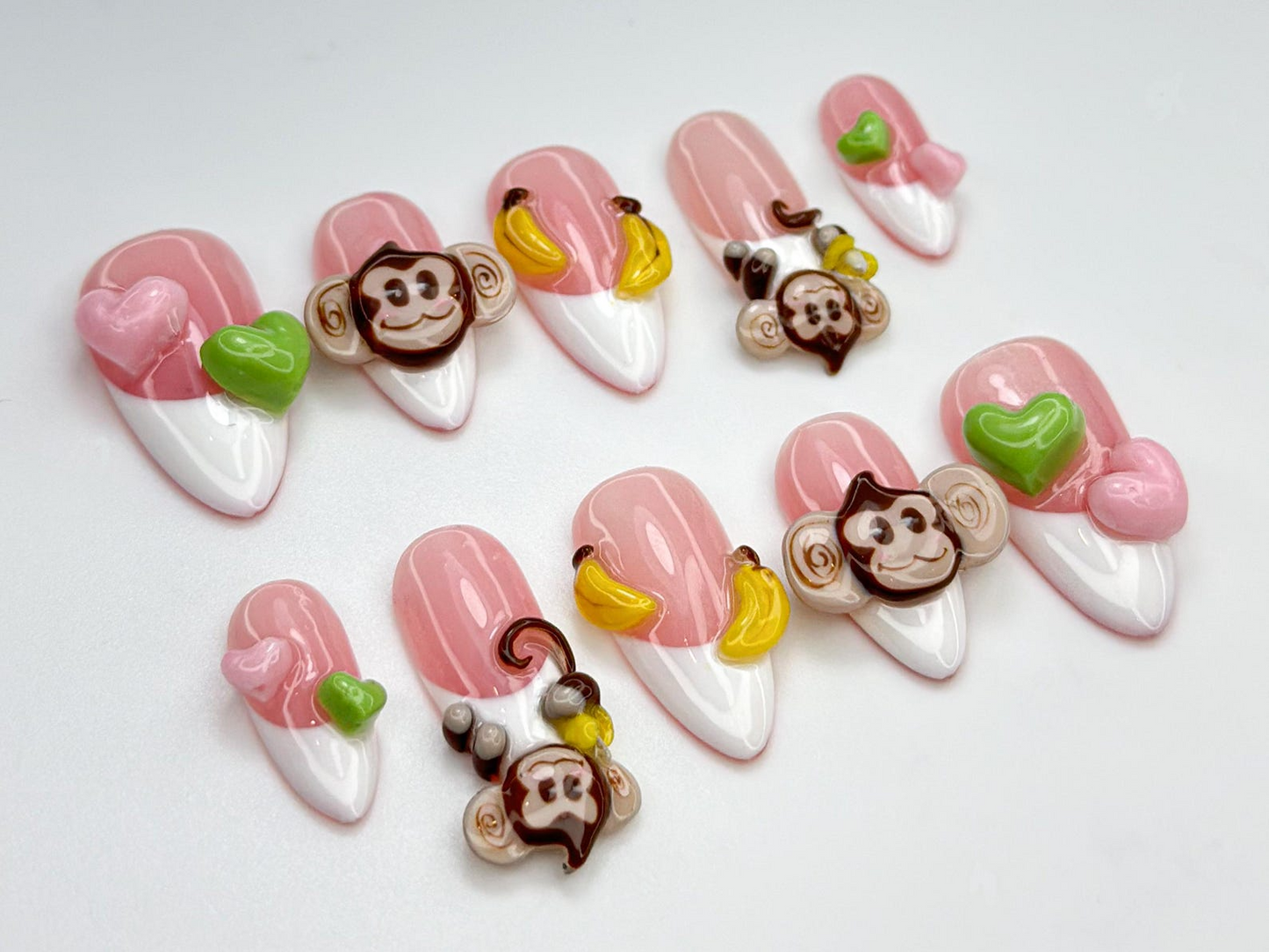 Cute Monkey Pink Cute Press On Nails | Cute 3D Banana Monkey Nails | Pink & Green Heart Nails | Kawaii Jungle Vibe | Cartoon Nails | JB811HC
