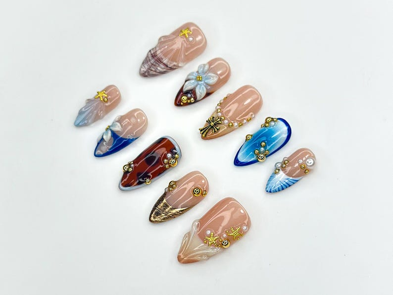 Seashell Press On Nails | Starfish Beach Nails | Summer Ocean Nail Art | Handmade 3D Flower Nails | Vacation Nail Set | JC1138BC