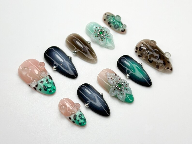 Mystic Leopard Bloom Press On Nails | Green Smoke & Gradient Nail Art | 3D Floral Nails | Handmade Moody Nail | Edgy Leopard Sesign | JC783H