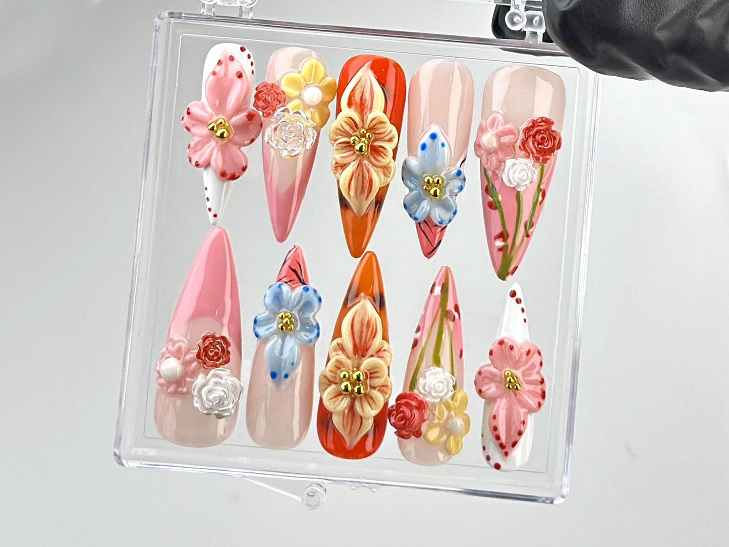 Luxurious 3D Flower Press On Nails | Bespoke Pink Flower Nail Art | Artisan Crafted Acrylic Nails | Jewels and Beads Nail Polish | HB633YK