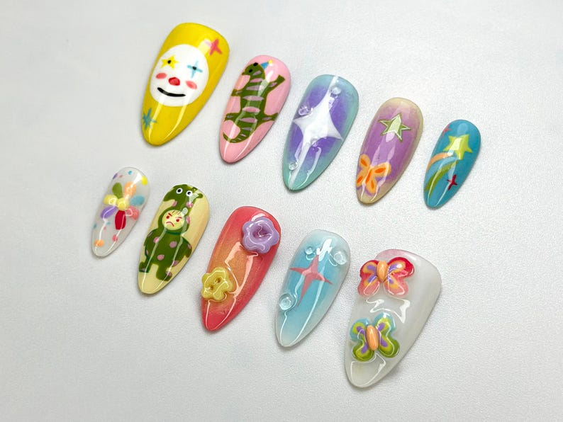Whimsical Clown Press-On Nails | Hand-Painted Fantasy Nail Art | Bold & Bright Nail Set | Circus Clown Nails | Funky Festival Nail | JC697HK