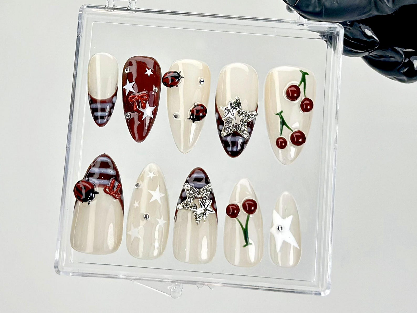 Retro Cherry Star Press On Nails | Y2K Indie Style Fake Nails | Burgundy French Tips Nail Art | 2000s Indie Inspired Press Ons | HC928YC