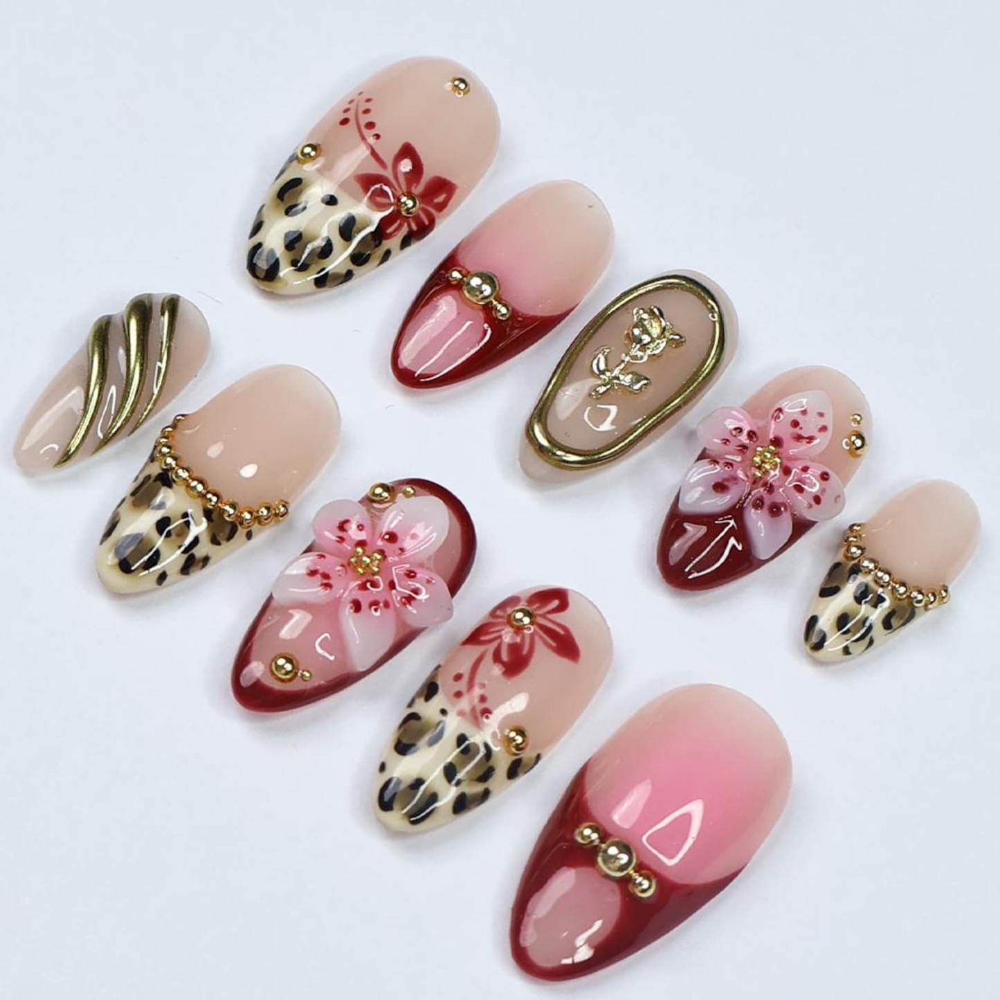 Chic Animal Print Almond Press On Nail with Gold Accents, 3D Red Floral Details, Handmade Nails for a Bold & Elegant Look or Gift for Her