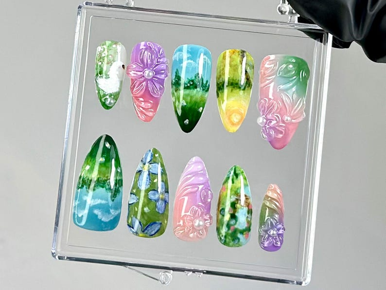 Watercolor Nature Press On Nails | Dreamy Forest Press Ons | Luxury Floral Fake Nails | Artistic Landscape Nail Art | Floral Nails | HB750YK