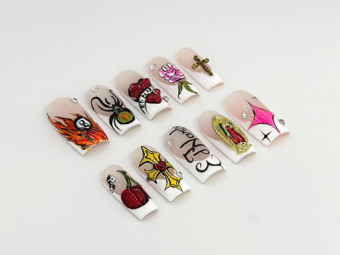 Old School Tattoo Press On Nails | Traditional Tattoo Nail Art | Rock And Roll Nails | Flame & Spider Design | Gothic Nail Set| JB674HK