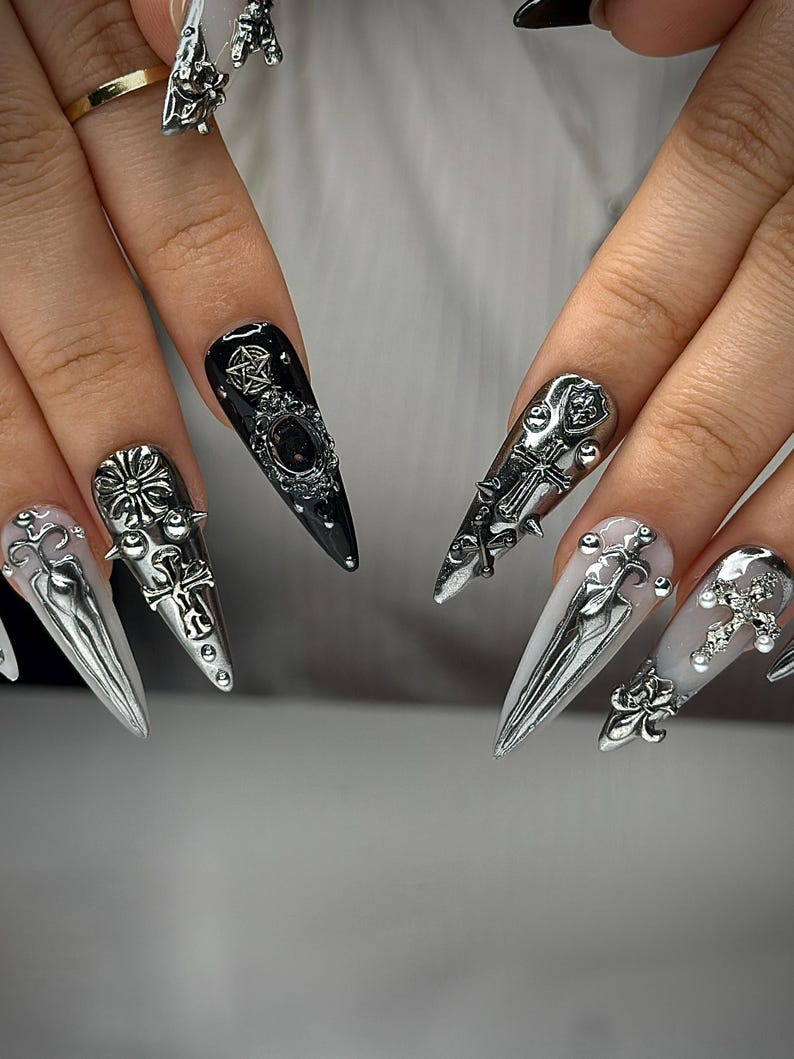 Gothic Silver Sword Press On Nails | 3D Cross & Dagger Nail Art | Handmade Dark Fantasy Nails | Medieval Armor Inspired Press Ons | JB159HK