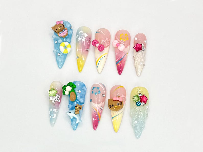 Kawaii Hello Kitty Press On Nails| 3D Tropical Nail Art | Cat & Plaid 3D Nail Set | Handmade Nail Set | Cute 3D Nail Art Design| JB619LC