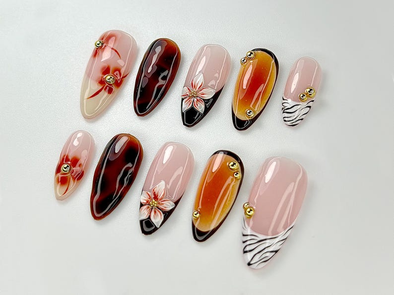 Brown Tortoise Shell Press On Nails | Zebra, Tiger Tip Nail Art | Safari Inspired Nail Art | Zebra Animal Kawaii Nails |Luxury Nails|JB797YK