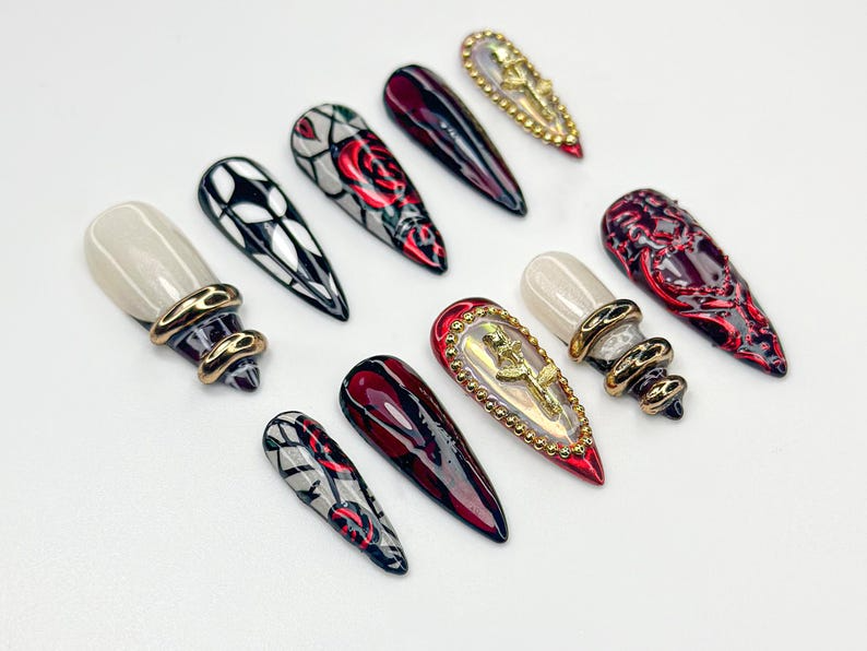 Gothic Rose Heart Press On Nails | 3D Black Red Gold Nails | Handmade Gothic Vampire Glam Nail Set | Black Stiletto Press Ons | JB775HC