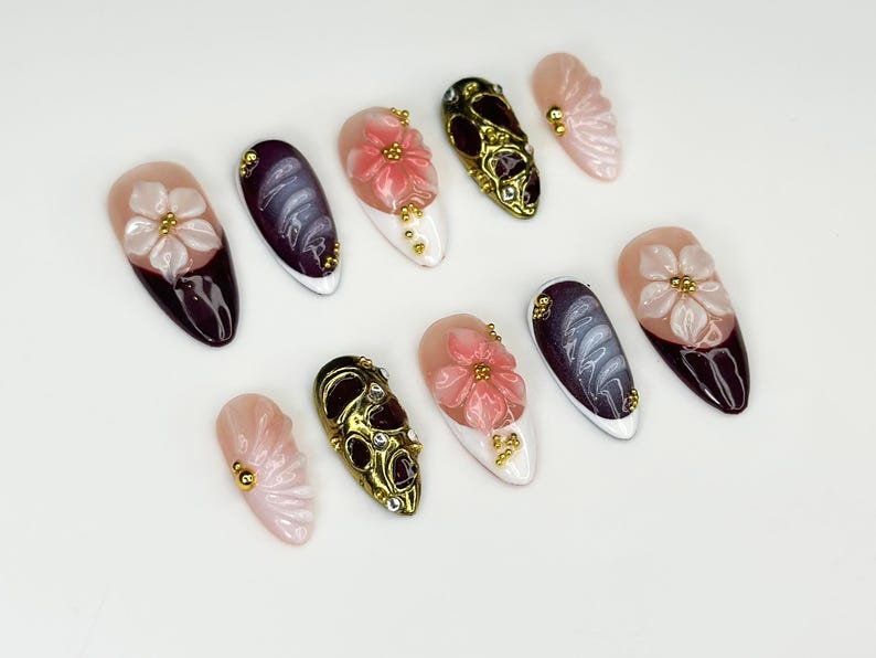 Burgundy Fall Press On Nails | 3D Pink & White Floral Nail Art | Handmade Statement Nail Design | Elegant Glam Press Ons | HC1086HK