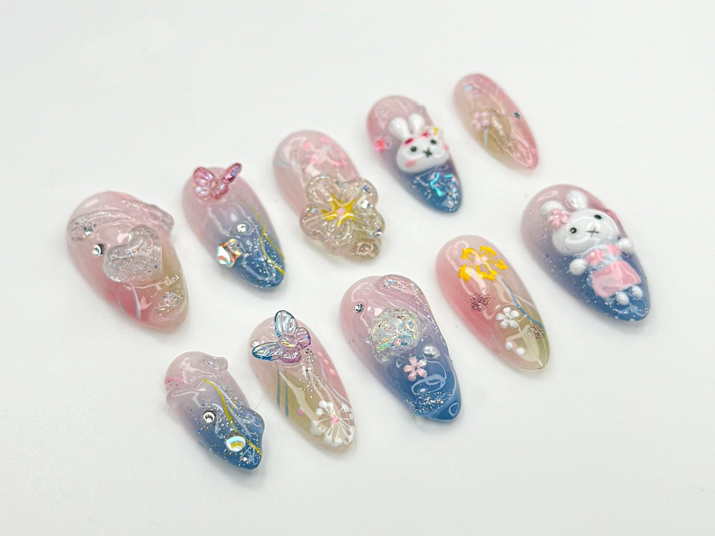 3D Bunny Pastel Press On Nails | 3D Rabbit & Butterfly Nail Art | Sparkly Cute Floral Nails | Ombre Pink Blue Press Ons | JC851HC
