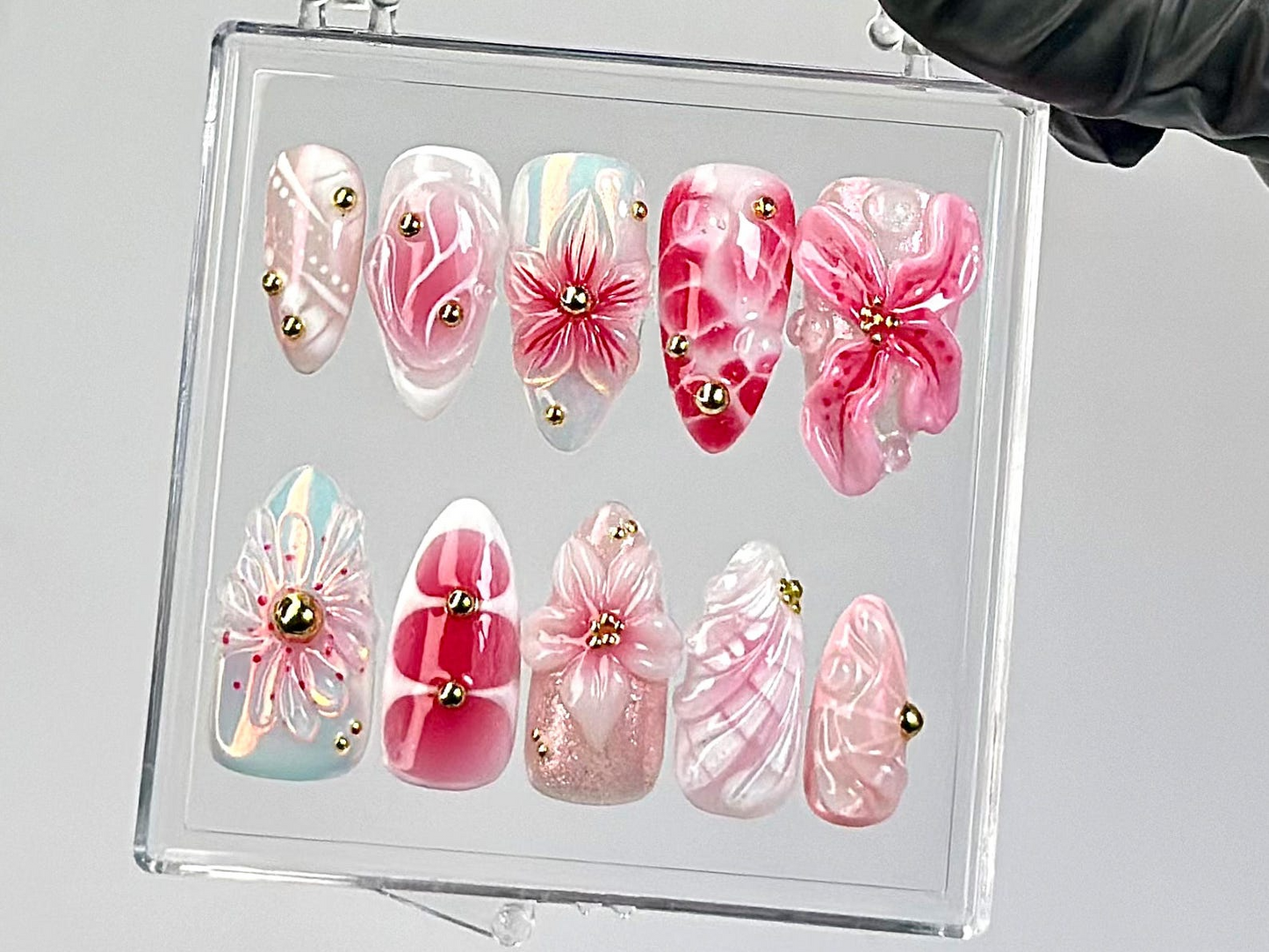 Romantic Pink Press On Nails | Soft Pink & White Ombre Press Ons | Elegant Floral Fake Nails | Luxe Pink Gradient Nail Art | Luxury |HB779YC