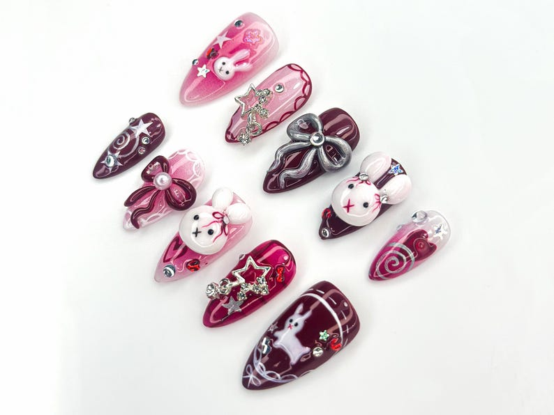 Merry Bunny Christmas Press On Nails | Red And Pink Festive Nail Art | 3D Bunny & Bow Charms | Starry Holiday Glam Nails | HB1177BC