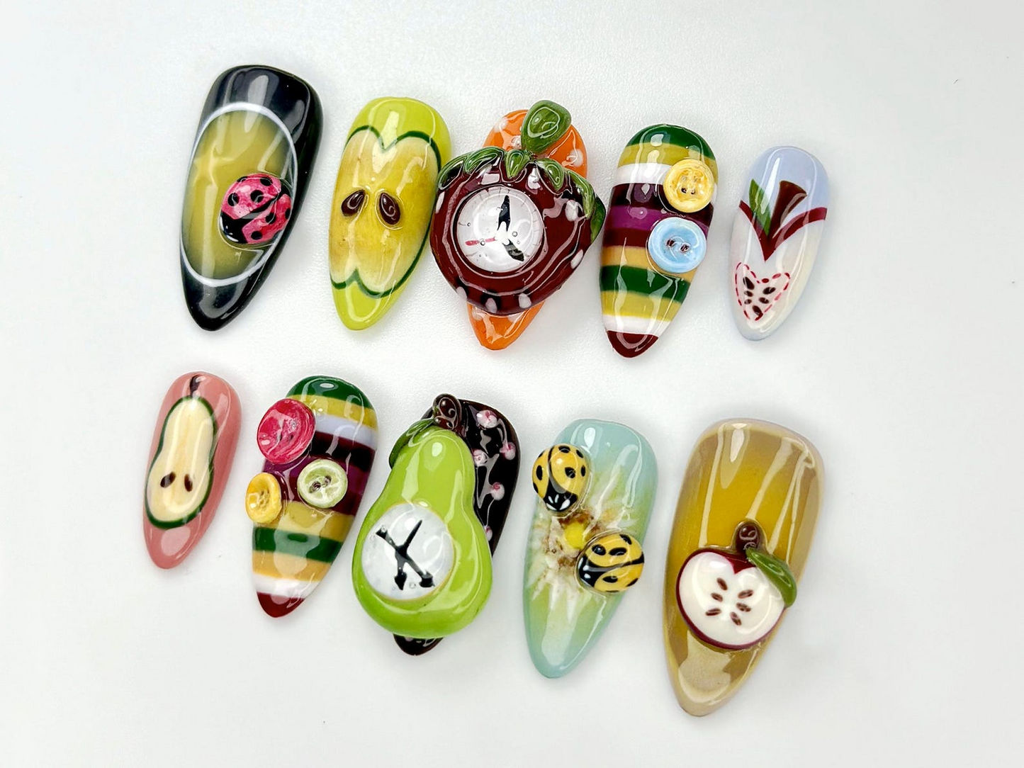 Fruity Fun Press On Nails | 3D Fruit Bug Nail Art | Clock Design Cute Kawaii Nails | Colorful Handmade Fake Nails | Summer Nails | JA802YC