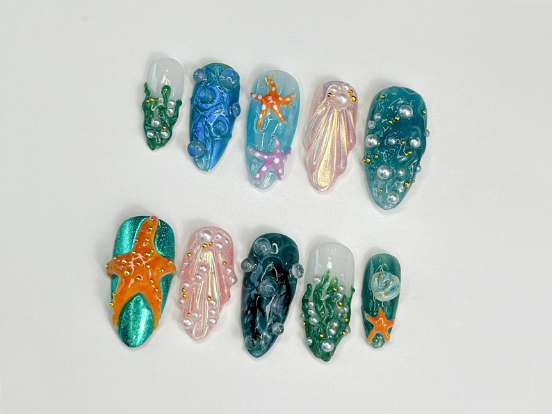 3D Tropical Beach Press On Nails | Ocean-Themed with Seaweed, Seashells, and Starfish | Handmade Press On Nails | JB316SL