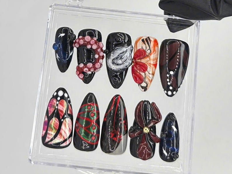 Gothic Luxury Almond Nails | Elegant Black, Red Nail Art | 3D Butterfly Gothic Fake Nails | Premium Gothic-Inspired Press Ons | HC721YC