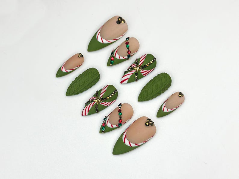 Candy Cane Christmas Press On Nails | Green Holiday Nails | Festive Long Nails | Gift For Her | Winter Party Nails| HB1189BC