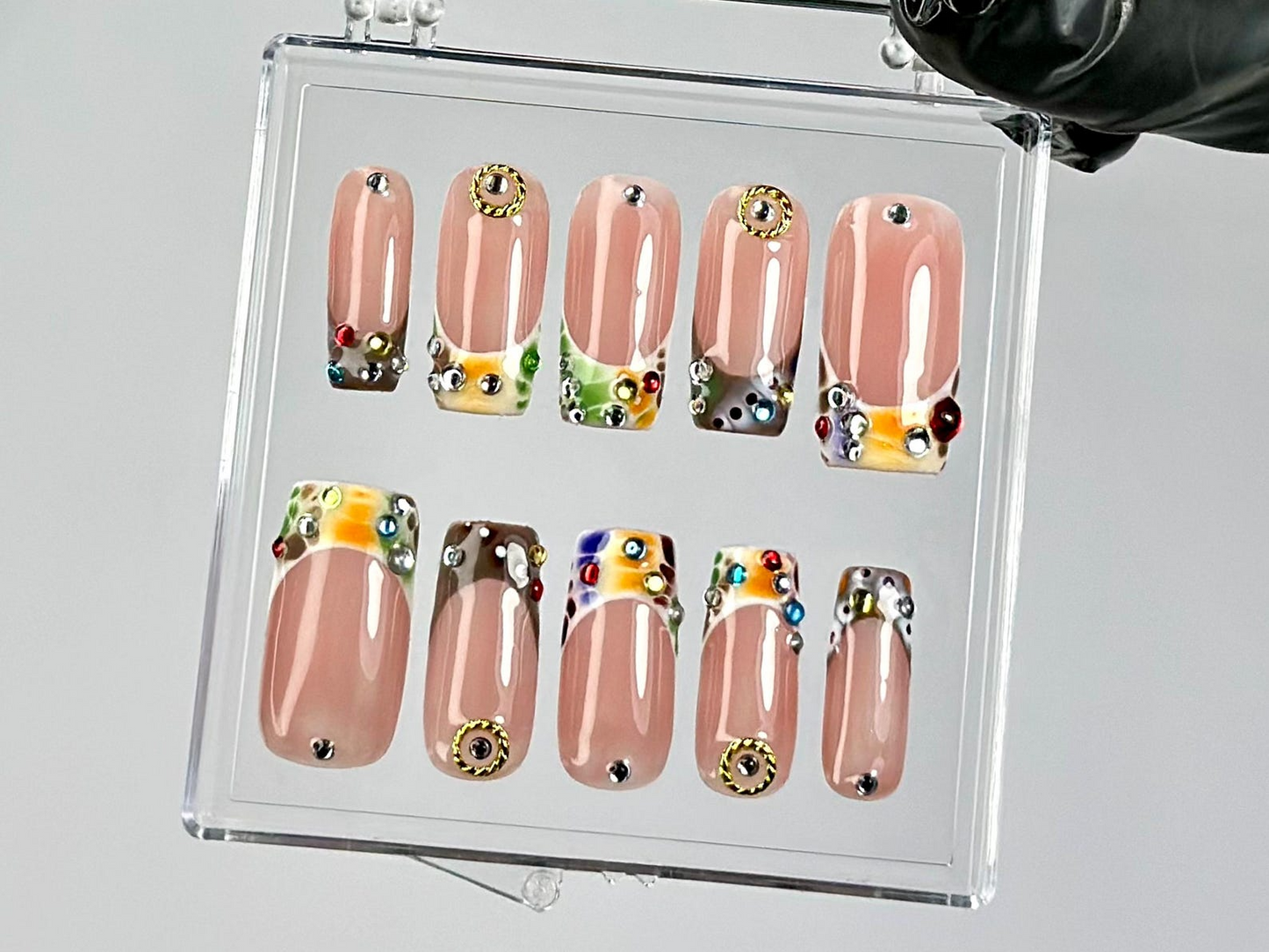 Glam Rhinestone Press On Nails by HudiNails | Nude & Colorful Gem Nail Set |Nude with Sparkle Gems Nail Art |French Tips Fake Nails|HC789YK