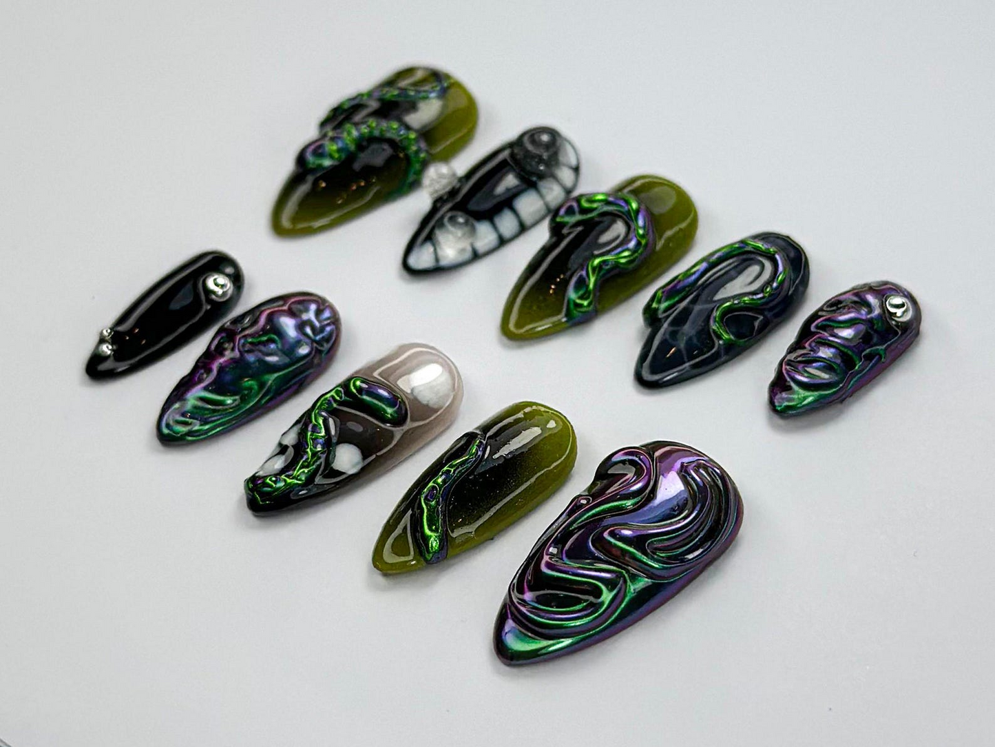Gothic Chrome Snake Press-On Nails | Reptilian Inspired Nail Design | Dark Gothic Nail Art | 3D Snake Nails | Black Green Nails | JB733HC