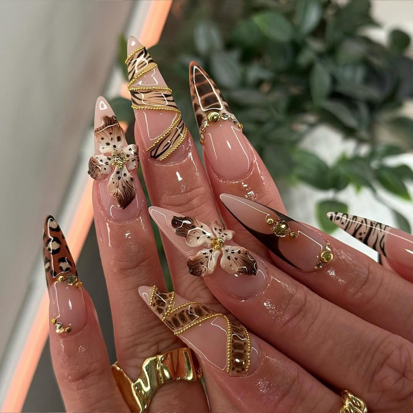 Leopard Gold Floral Press On Nails | 3D Animal Print Nail Art | Golden Bead Glam Nails | Handmade Exotic Press Ons | Fashion Nails | JC841H