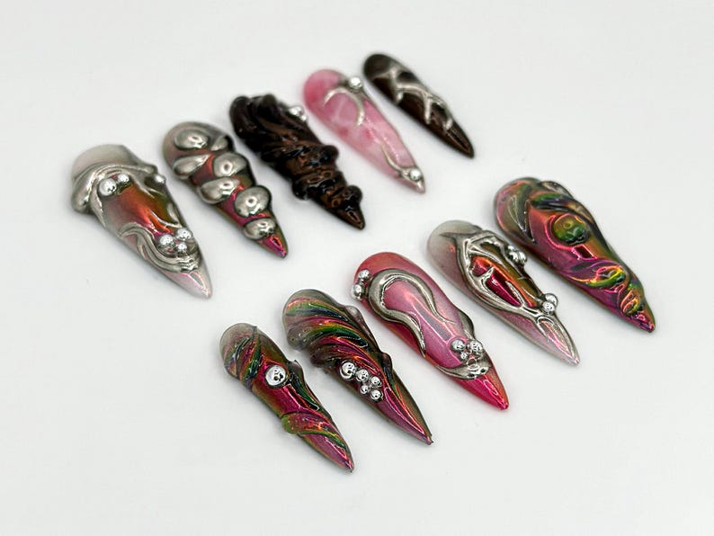 Gothic Metallic Stiletto Nails | Futuristic Metallic and Pink Nails with 3D Designs | Art Deco-Inspired Chrome | 3D Silver Details |JB600HK